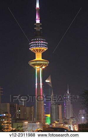 The Liberation tower, The Famous Landmark in Kuwait City at Night View Large Photo Image Stock Photo - The Liberation tower, The Famous Landmark in Kuwait City at Night. Fotosearch