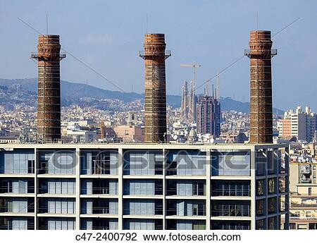 Stock Image - Three chimneys, Barcelona, Catalonia, Spain. Fotosearch