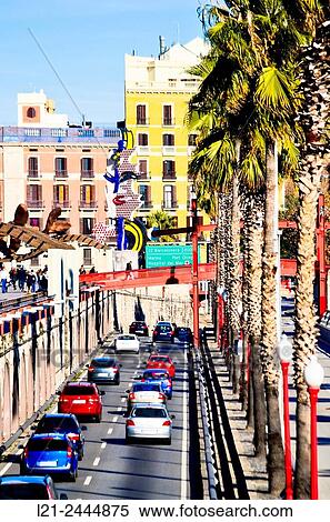 Traffic, car row. Moll de la Fusta, Ronda Litoral, Barcelona, Catalonia, Spain. View Large Photo Image Stock Photography - Traffic, car row. Moll de la Fusta, Ronda Litoral, Barcelona, Catalonia, Spain.. Fotosearch