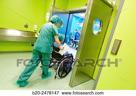 Stock Photo - Transfer the patient to the operating room, Ambulatory Surgery, Hospital Donostia, San Sebastian, Gipuzkoa, Basque Country, Spain. Fotosearch