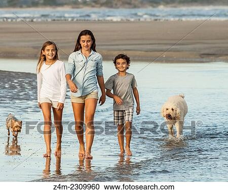Stock Image - TWo sisters and their brother walk in the surf with their dogs. Coastal Georgia, USA. Fotosearch
