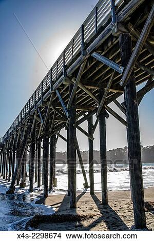 Waves crash beneath a wooden pier on the Pacific coast of California. View Large Photo Image Picture - Waves crash beneath a wooden pier on the Pacific coast of California.. Fotosearch