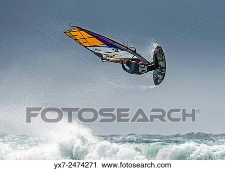 Stock Image - Windsurfing. Tarifa, Cadiz, Costa de la Luz, Andalusia, Spain.. Fotosearch