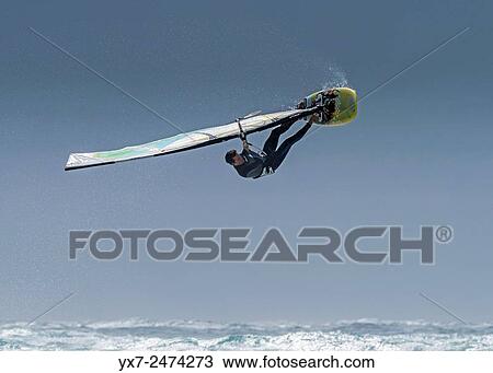 Stock Image - Windsurfing. Tarifa, Cadiz, Costa de la Luz, Andalusia, Spain.. Fotosearch