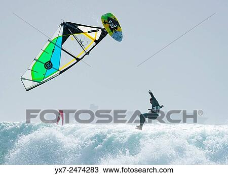 Stock Image - Windsurfing. Tarifa, Cadiz, Costa de la Luz, Andalusia, Spain.. Fotosearch