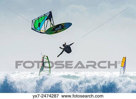 Stock Photo - Windsurfing. Tarifa, Cadiz, Costa de la Luz, Andalusia, Spain.. Fotosearch