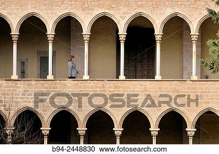 Stock Image - Cloister. Gothic Monastery of Pedralbes. Founded by King James II and his wife Elisenda de Moncada in 1326. Pedralbes quarter. Les Corts district. Barcelona. Catalonia. Spain.. Fotosearch