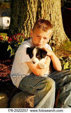 Eight year old boy cuddling, loving holding his young border collie mixed breed puppy dog. MR# 120818_2. View Large Photo Image Stock Photo - Eight year old boy cuddling, loving holding his young border collie mixed breed puppy dog. MR# 120818_2.. Fotosearch