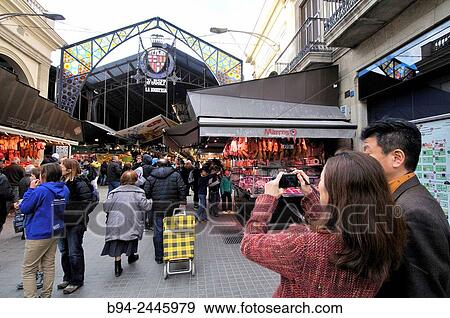 Stock Photo - Mercat de Sant Josep de la Boqueria, aka La Boqueria, Boqueria market, large public market with an entrance from La Rambla, not far from the Liceu, Barcelona´s opera house. Ciutat Vella district of Barcelona, Catalonia, Spain.. Fotosearch