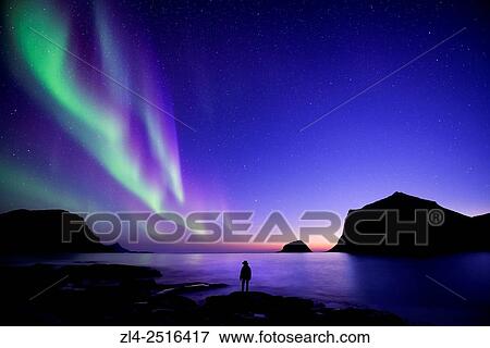 Norway, Nordland, Lofoten islands, Vestvagoy island, Vik beach, silhouette of a woman and northern lights (aurora borealis), Model Released. View Large Photo Image Stock Photo - Norway, Nordland, Lofoten islands, Vestvagoy island, Vik beach, silhouette of a woman and northern lights (aurora borealis), Model Released.. Fotosearch