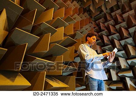 Stock Photography - Researcher. Acoustic chamber. EMC & Telecom Lab. Certification of Low Voltage Electrical & Electronic Products. Technological Services to Industry. Tecnalia Research & innovation. Bizkaia. Basque Country. Spain.. Fotosearch