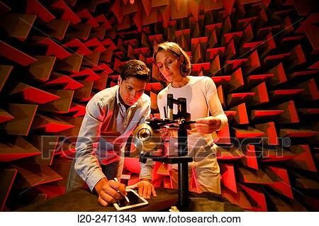 Stock Image - Researchers. Acoustic chamber. EMC & Telecom Lab. Certification of Low Voltage Electrical & Electronic Products. Technological Services to Industry. Tecnalia Research & innovation. Bizkaia. Basque Country. Spain.. Fotosearch