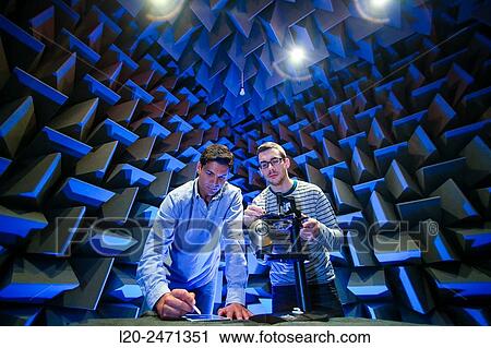 Stock Image - Researchers. Acoustic chamber. EMC & Telecom Lab. Certification of Low Voltage Electrical & Electronic Products. Technological Services to Industry. Tecnalia Research & innovation. Bizkaia. Basque Country. Spain.. Fotosearch