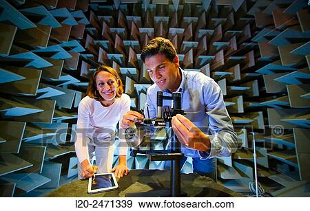 Stock Photo - Researchers. Acoustic chamber. EMC & Telecom Lab. Certification of Low Voltage Electrical & Electronic Products. Technological Services to Industry. Tecnalia Research & innovation. Bizkaia. Basque Country. Spain.. Fotosearch