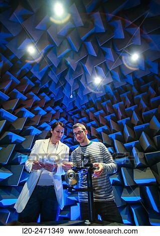 Stock Photo - Researchers. Acoustic chamber. EMC & Telecom Lab. Certification of Low Voltage Electrical & Electronic Products. Technological Services to Industry. Tecnalia Research & innovation. Bizkaia. Basque Country. Spain.. Fotosearch
