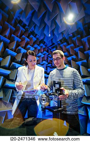 Stock Photograph - Researchers. Acoustic chamber. EMC & Telecom Lab. Certification of Low Voltage Electrical & Electronic Products. Technological Services to Industry. Tecnalia Research & innovation. Bizkaia. Basque Country. Spain.. Fotosearch