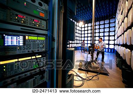 Stock Image - Researchers. Anechoic chamber. EMC & Telecom Lab. Certification of Low Voltage Electrical & Electronic Products. Technological Services to Industry. Tecnalia Research & innovation. Bizkaia. Basque Country. Spain.. Fotosearch