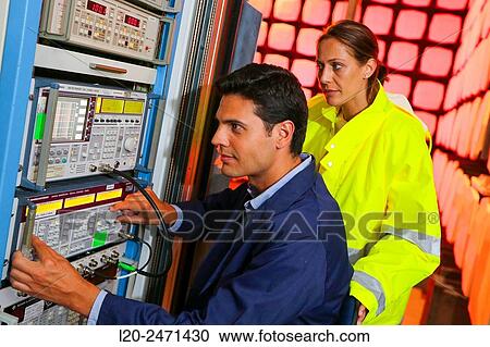 Stock Image - Researchers. Anechoic chamber. EMC & Telecom Lab. Certification of Low Voltage Electrical & Electronic Products. Technological Services to Industry. Tecnalia Research & innovation. Bizkaia. Basque Country. Spain.. Fotosearch