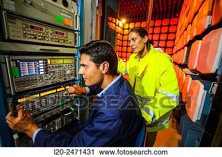 Stock Image - Researchers. Anechoic chamber. EMC & Telecom Lab. Certification of Low Voltage Electrical & Electronic Products. Technological Services to Industry. Tecnalia Research & innovation. Bizkaia. Basque Country. Spain.. Fotosearch