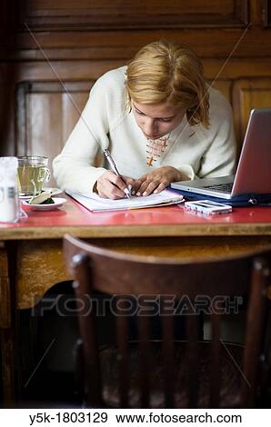 Rotterdam, Netherlands. Young, attractive woman working in a cafe. View Large Photo Image Stock Photo - Rotterdam, Netherlands. Young, attractive woman working in a cafe.. Fotosearch