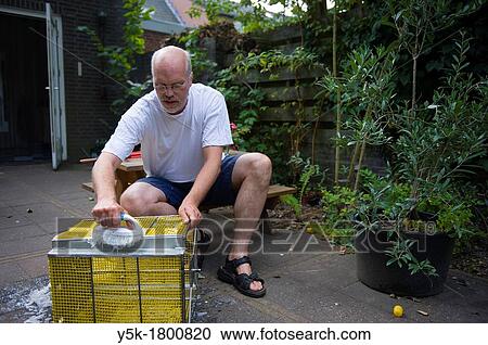 Stock Image - Tilburg, Netherlands. Urban beekeeper cleaning a centrifuge before making honey.. Fotosearch
