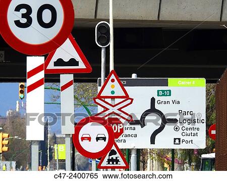 Traffic signs, Barcelona, Spain View Large Photo Image Stock Photography - Traffic signs, Barcelona, Spain. Fotosearch