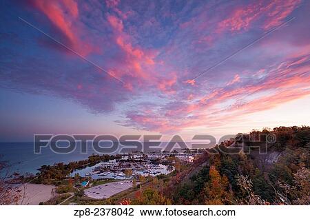 Stock Image - A view of the marina at Bluffer's Park, taken from atop the bluffs in Scarborough, Ontario, Canada.. Fotosearch