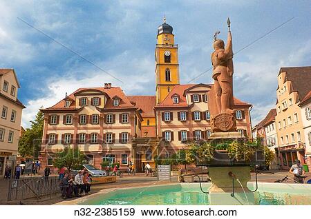 Stock Photo - Bad Mergentheim, Market Square, St. John the Baptist Cathedral, Romantic Road, Romantische Strasse, Baden-Wuerttemberg; Germany; Europe.. Fotosearch