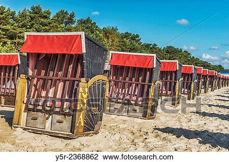 Stock Image - Beach chairs at the Baltic Sea beach, Baltic resort Binz, Ruegen Island, County Vorpommern-Ruegen, Mecklenburg-Western Pomerania, Germany, Europe.. Fotosearch
