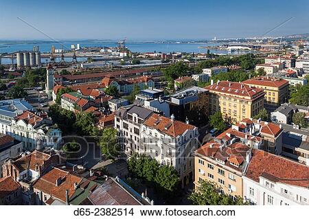 Bulgaria, Black Sea Coast, Burgas, elevated city view, dawn. View Large Photo Image Picture - Bulgaria, Black Sea Coast, Burgas, elevated city view, dawn.. Fotosearch