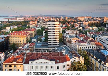 Bulgaria, Black Sea Coast, Burgas, elevated city view, dawn. View Large Photo Image Stock Image - Bulgaria, Black Sea Coast, Burgas, elevated city view, dawn.. Fotosearch