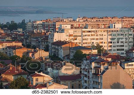 Stock Image - Bulgaria, Black Sea Coast, Burgas, elevated city view, dawn.. Fotosearch