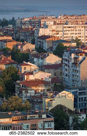 Bulgaria, Black Sea Coast, Burgas, elevated city view, dawn. View Large Photo Image Stock Image - Bulgaria, Black Sea Coast, Burgas, elevated city view, dawn.. Fotosearch