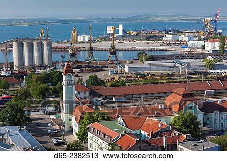 Bulgaria, Black Sea Coast, Burgas, elevated city view with train station, dawn. View Large Photo Image Stock Image - Bulgaria, Black Sea Coast, Burgas, elevated city view with train station, dawn.. Fotosearch