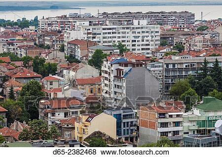 Bulgaria, Black Sea Coast, Burgas, elevated city view. View Large Photo Image Stock Photo - Bulgaria, Black Sea Coast, Burgas, elevated city view.. Fotosearch
