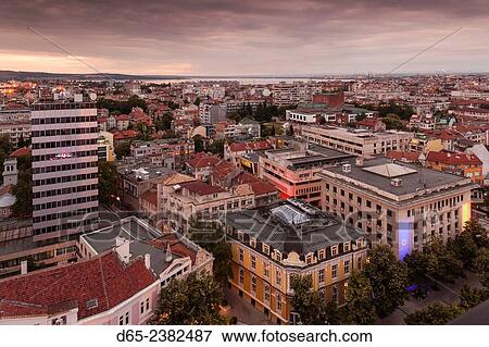 Bulgaria, Black Sea Coast, Burgas, elevated city view. dusk. View Large Photo Image Stock Photo - Bulgaria, Black Sea Coast, Burgas, elevated city view. dusk.. Fotosearch