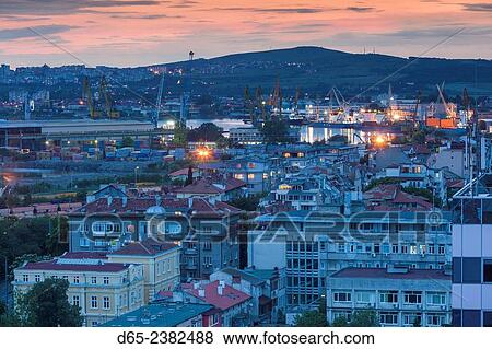 Bulgaria, Black Sea Coast, Burgas, elevated city view. dusk. View Large Photo Image Stock Photo - Bulgaria, Black Sea Coast, Burgas, elevated city view. dusk.. Fotosearch