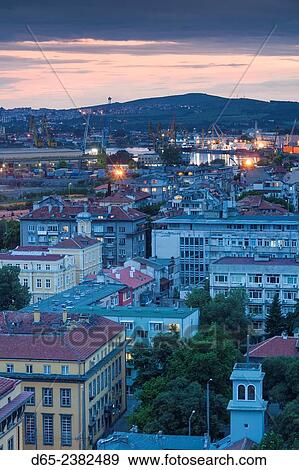Bulgaria, Black Sea Coast, Burgas, elevated city view. dusk. View Large Photo Image Stock Photo - Bulgaria, Black Sea Coast, Burgas, elevated city view. dusk.. Fotosearch