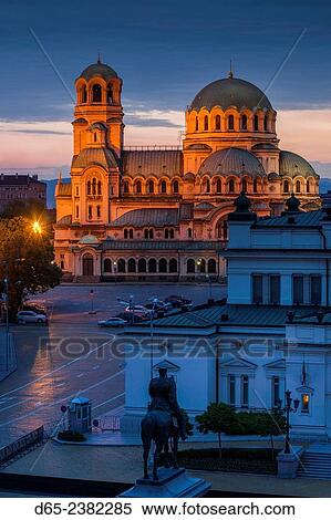 Bulgaria, Sofia, Ploshtad Narodno Sabranie Square, Statue of Russian Tsar Alexander II, National Assembly building, and Alexander Nevski Cathedral, elevated view, dawn. View Large Photo Image Stock Photography - Bulgaria, Sofia, Ploshtad Narodno Sabranie Square, Statue of Russian Tsar Alexander II, National Assembly building, and Alexander Nevski Cathedral, elevated view, dawn.. Fotosearch