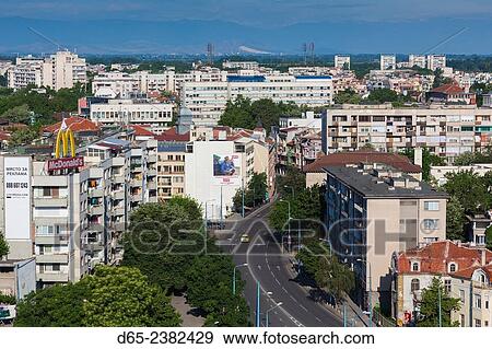 Bulgaria, Southern Mountains, Plovdiv, elevated city view along September 6 Boulevard from Nebet Tepe hill, morning. View Large Photo Image Stock Photo - Bulgaria, Southern Mountains, Plovdiv, elevated city view along September 6 Boulevard from Nebet Tepe hill, morning.. Fotosearch