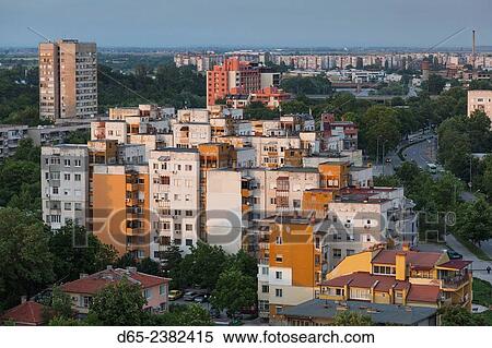 Stock Photography - Bulgaria, Southern Mountains, Plovdiv, elevated city view from Nebet Tepe hill, dusk.. Fotosearch