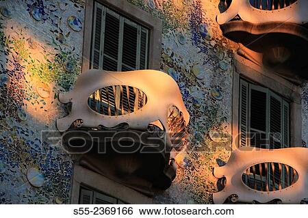 Stock Photograph - Casa Batll? by Antonio Gaud?, 1904-1906, passeig de Gracia, Barcelona, Catalonia, Spain. The local name for the building is Casa dels ossos (House of Bones), as it has a visceral, skeletal organic quality.. Fotosearch
