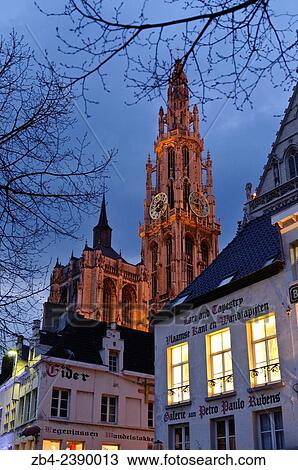 Cathedral of Our Lady by night from Green Square, Antwerp, Belgium, Europe. View Large Photo Image Stock Image - Cathedral of Our Lady by night from Green Square, Antwerp, Belgium, Europe.. Fotosearch