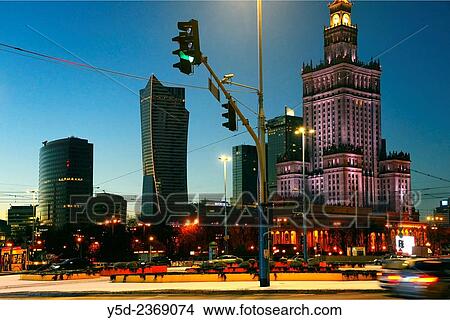 Picture - Center of Warsaw by night, Poland.. Fotosearch