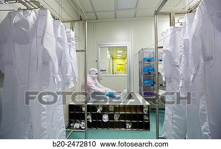 Stock Image - Cleanroom Gowning area. Nanotechnology. Laboratory. CIC nanoGUNE Nano science Cooperative Research Center. Donostia. San Sebastian. Gipuzkoa. Basque Country. Spain.. Fotosearch
