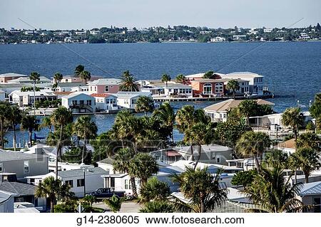 Stock Photography - Florida, Jensen Beach, Hutchinson Island, Route A1A, Indian River Lagoon, aerial, prefabricated homes. Fotosearch