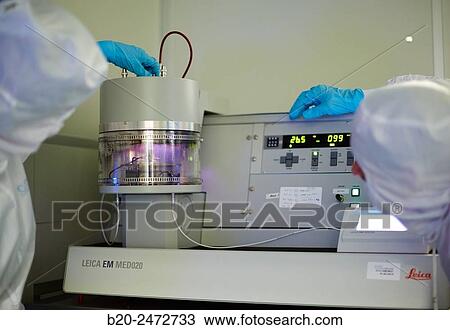 Stock Image - Leica Benchtop sputter system. Cleanroom. Nanotechnology. Laboratory. CIC nanoGUNE Nano science Cooperative Research Center. Donostia. San Sebastian. Gipuzkoa. Basque Country. Spain.. Fotosearch