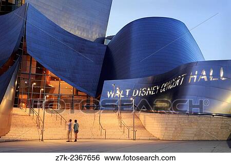Stock Photograph - Los Angeles, California. The Walt Disney concert Hall in downtown, at night.. Fotosearch