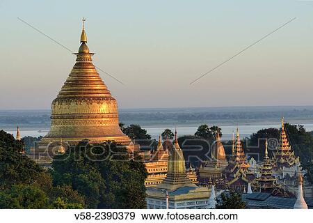 Myanmar, Bagan, Nyaung U, Shwezigon pagoda from above. View Large Photo Image Stock Photo - Myanmar, Bagan, Nyaung U, Shwezigon pagoda from above.. Fotosearch