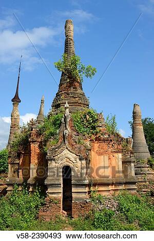 Stock Image - Myanmar, Shan State, Inle Lake, Indein (Inthein) village, Ruined stupa.. Fotosearch